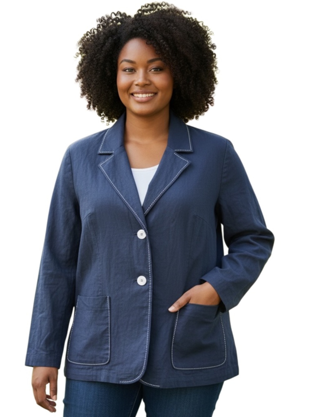 Harve Benard Navy White Stitching Linen Blend Oversized Jacket Blazer (XL)